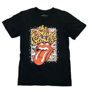 The Rolling Stones Flowers Colors Tongue Logo Black Women's T Shirt S